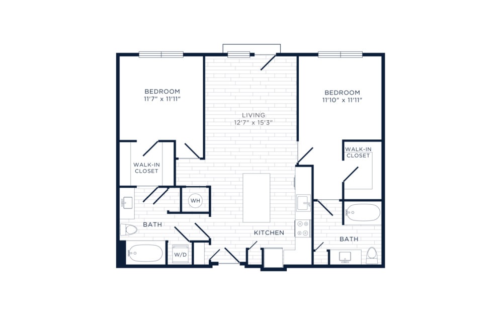 Dram - 2 bedroom floorplan layout with 2 baths and 982 square feet.
