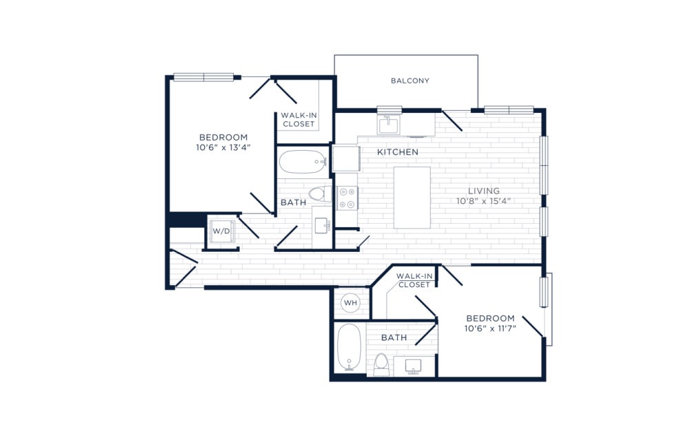 Small Batch - 2 bedroom floorplan layout with 2 baths and 910 square feet.