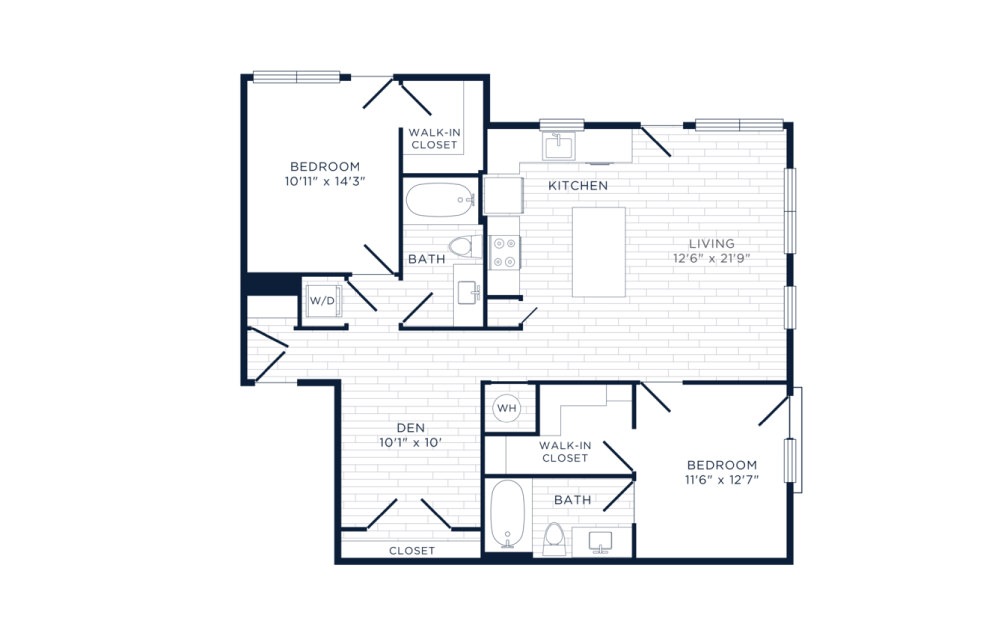 Sagamore - 2 bedroom floorplan layout with 2 baths and 1095 square feet.